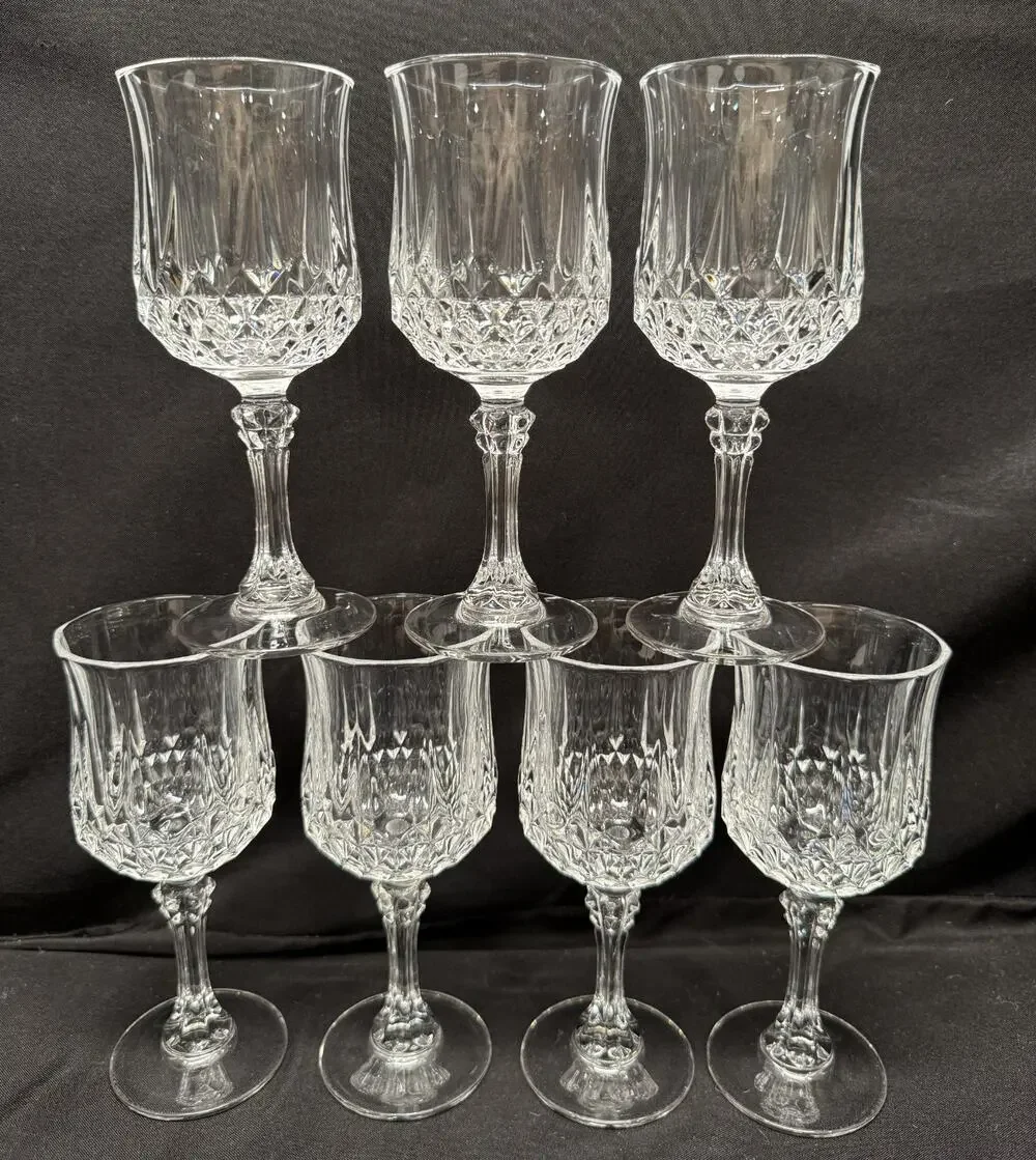 Set of 7 Cristal D'Arques-Durand Longchamp Crystal Clear Wine Glasses 6.5” H VTG